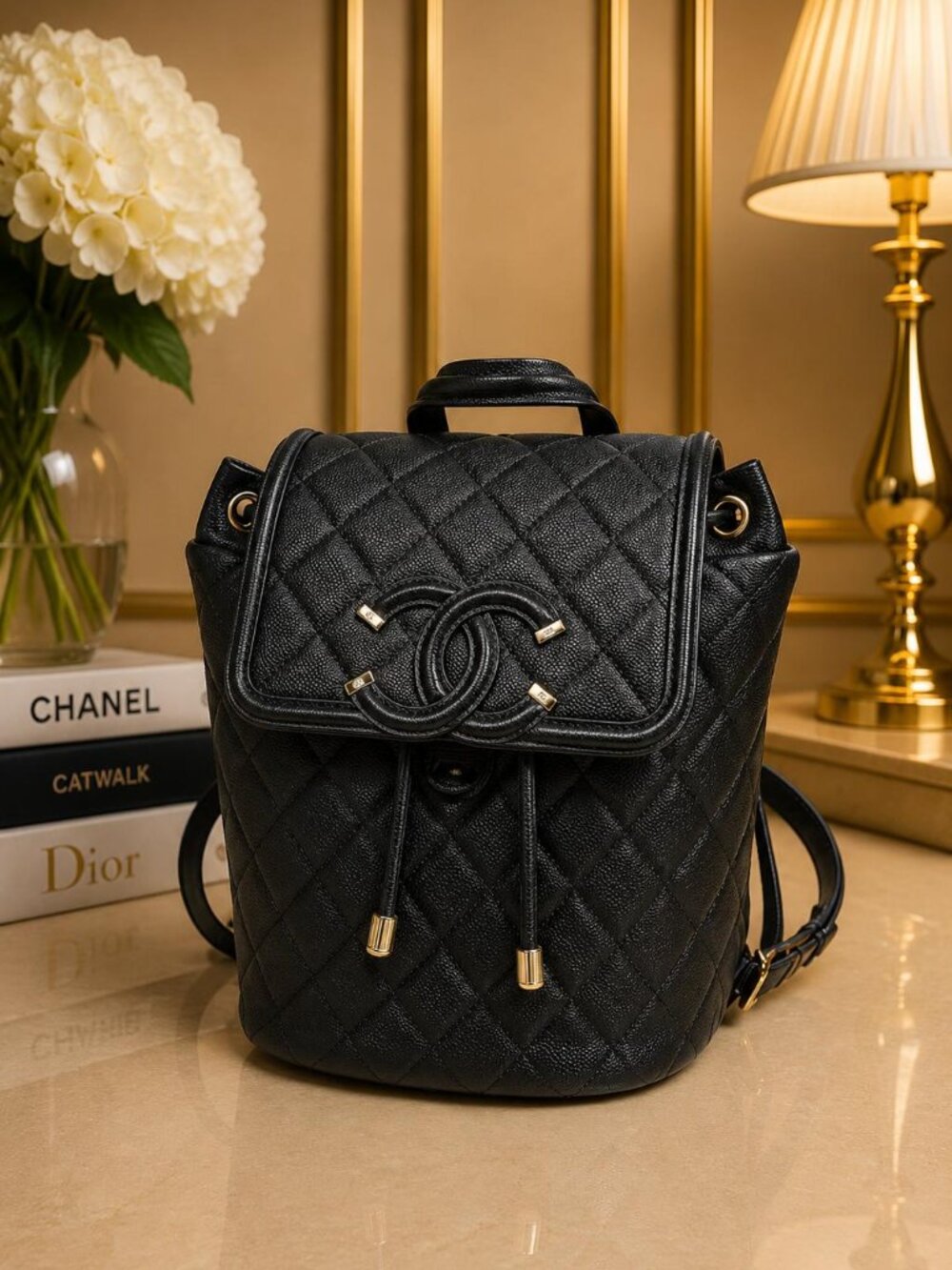 Authentic Chanel CC Filigree Black Caviar Leather Backpack Designer Bag